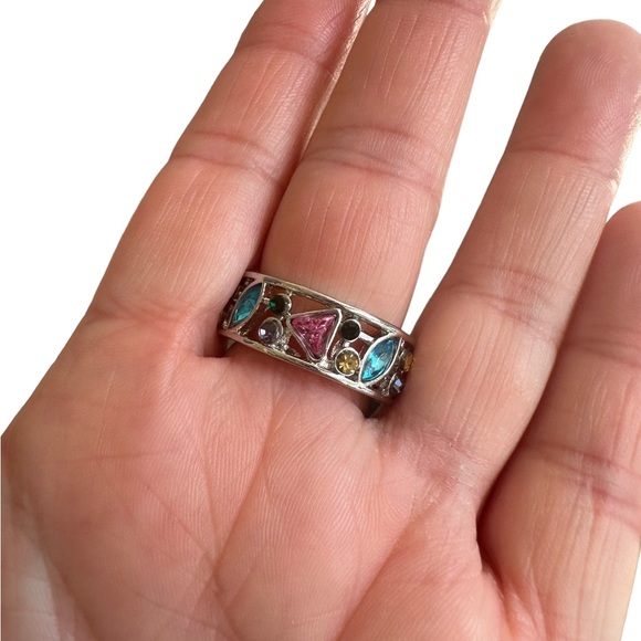 Geometric Shaped Multicolored Gemstone Silver Ring - Picture 2 of 8